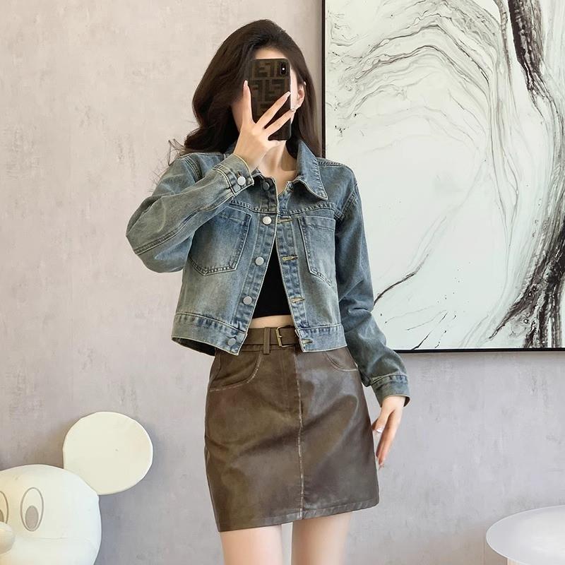 潮牌复古短款牛仔外套女春秋季小个子简约休闲长袖水洗夹克上衣服