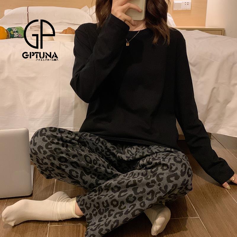 日系GP睡衣女春秋款长袖长裤纯棉豹纹甜美学生可外穿秋冬季家居服