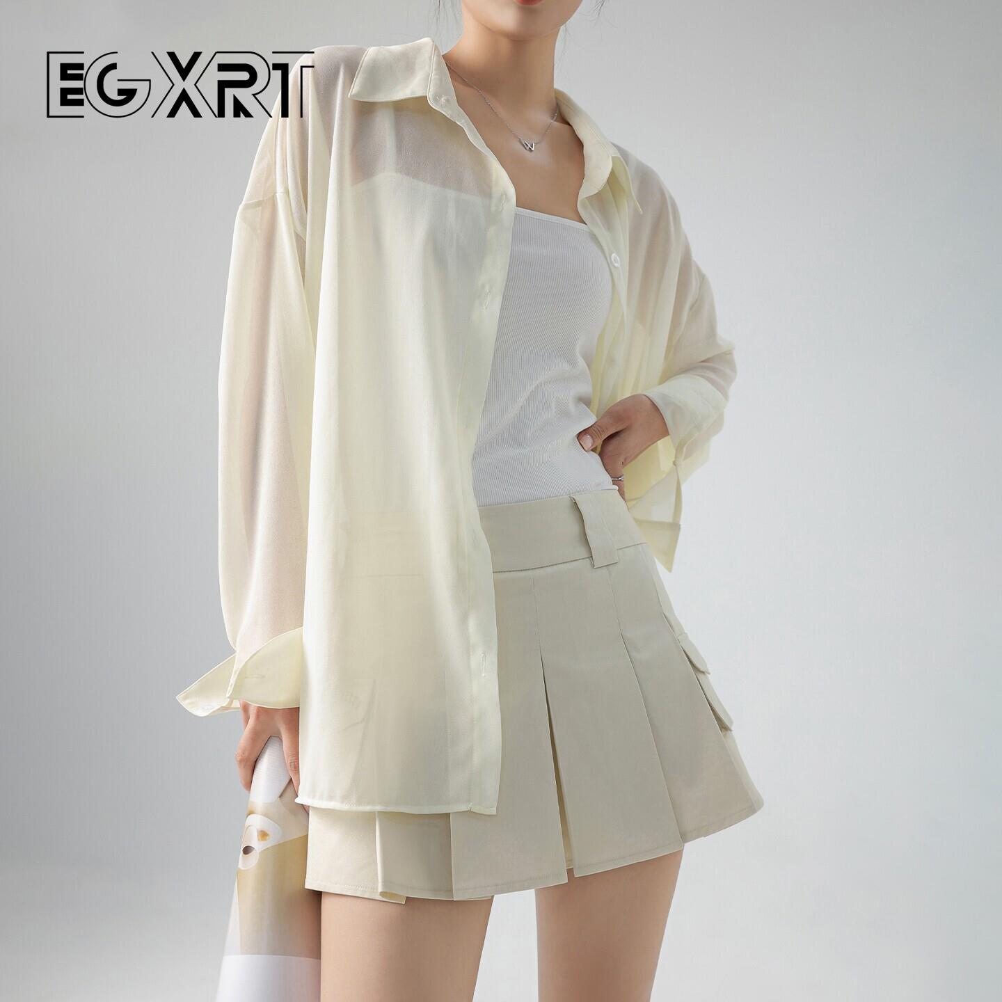 奶杏色长袖衬衫女2026春夏季宽松廓形上衣高级感舒适薄款防晒开衫