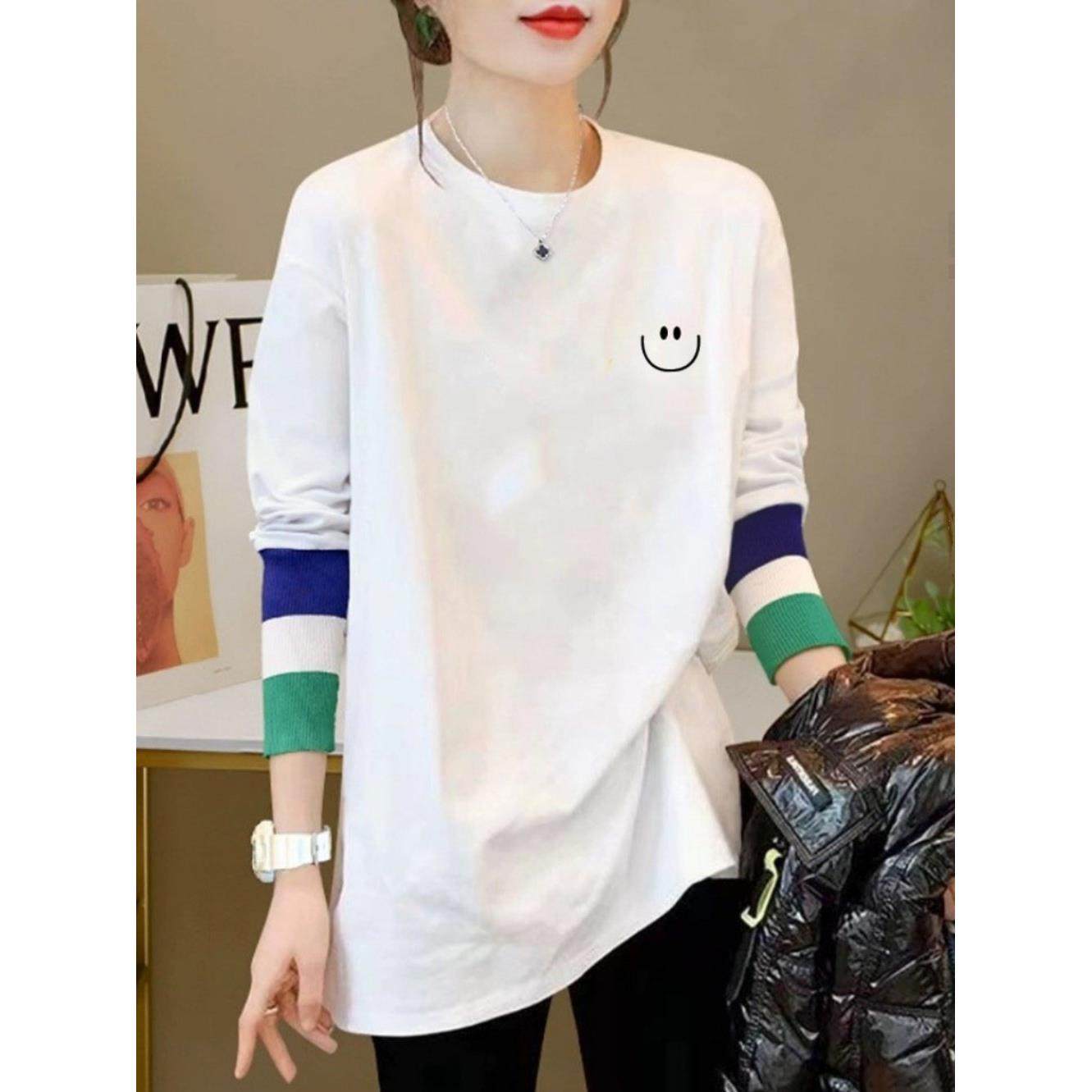 欧洲站纯棉T恤女春秋冬2025中长款遮屁股配鲨鱼裤磨毛卫衣打底衫