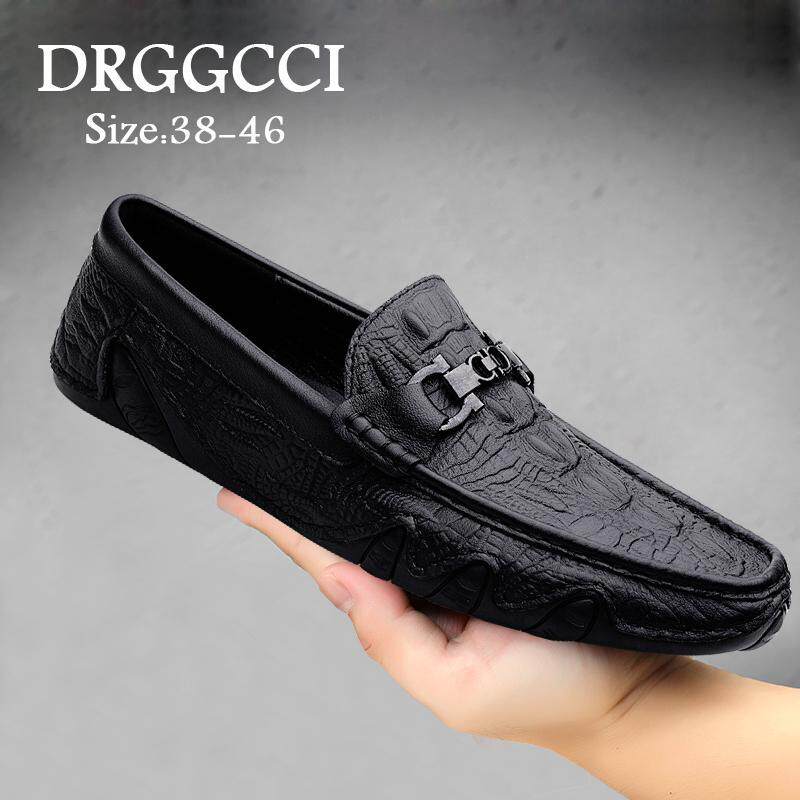 DRGGCCI鳄鱼纹黑色豆豆鞋男春秋季新款真皮商务正装休闲一脚蹬鞋