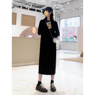 韩国秋冬季 连衣裙直筒小黑裙长裙 覆古过膝宽松打底裙女内搭中长款