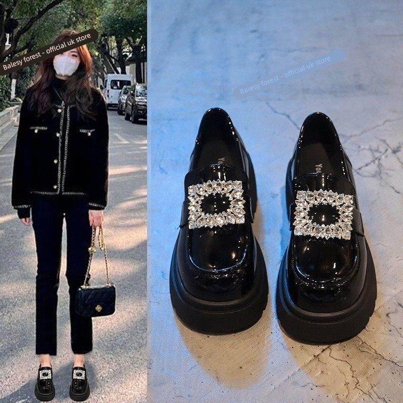 英国厚底黑色乐福鞋女2025年新款秋季水钻一脚蹬粗跟英伦风小皮鞋,女鞋,乐福鞋（豆豆鞋）,淘宝优惠券,粉丝福利购,淘宝优惠卷