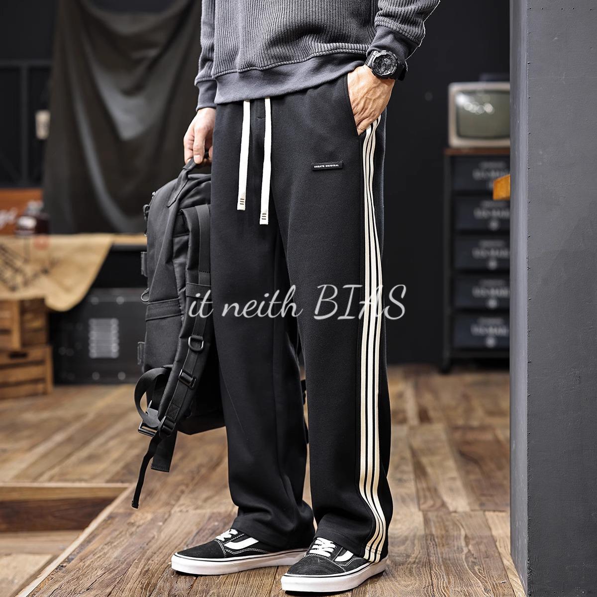 it neith BIAS重磅加绒休闲卫裤男2024秋冬新款直筒宽松条纹裤子