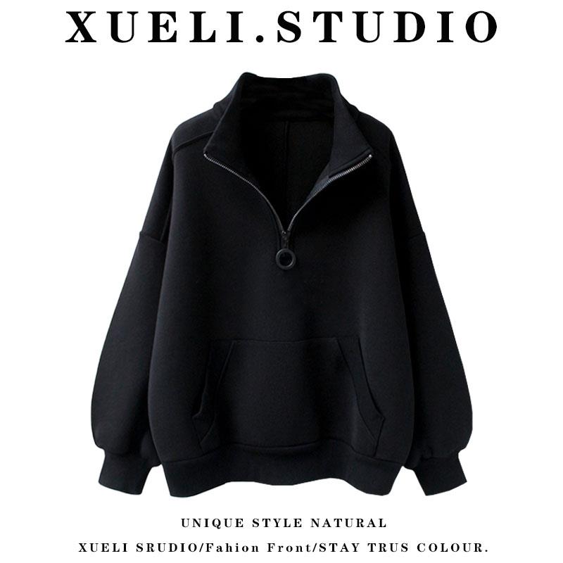 香港覆古polo翻领半拉炼 炼 套头休闲 上衣女设计感小众加绒加厚