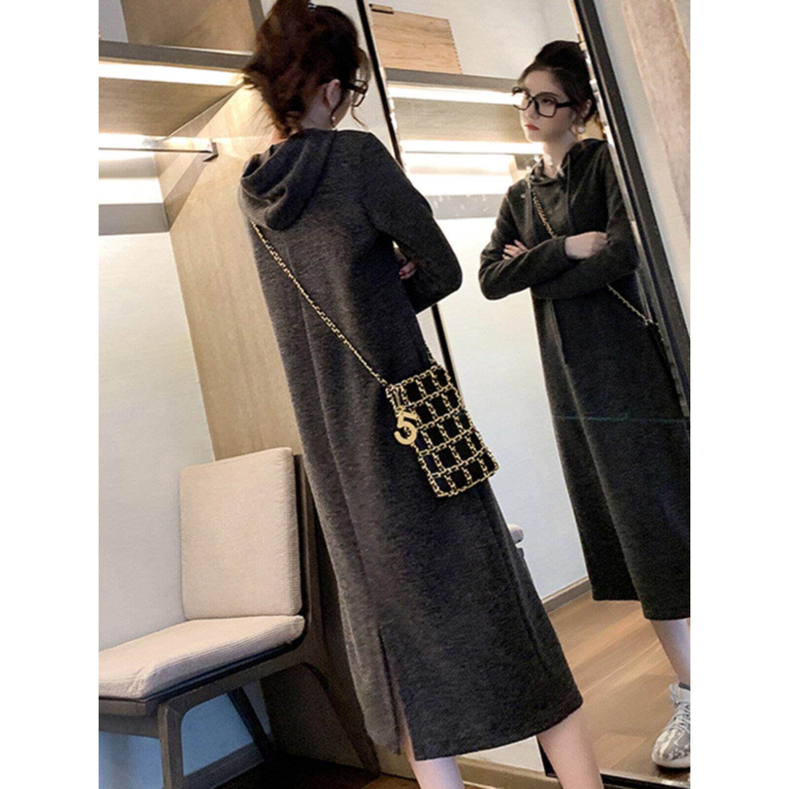 连帽卫衣裙女春秋新款韩版薄款宽松大码中长款长袖过膝打底连衣裙