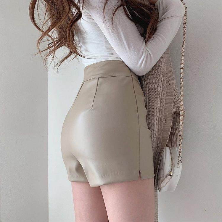 2025春秋新款开叉皮裤女高腰显瘦修身性感包臀短裤设计感打底靴裤,女装/女士精品,休闲裤,淘宝优惠券,粉丝福利购,淘宝优惠卷