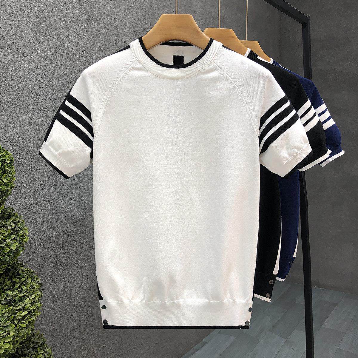 法式『设计师』一眼就爱上！冰丝薄款翻领条纹针织短袖t恤衫男潮