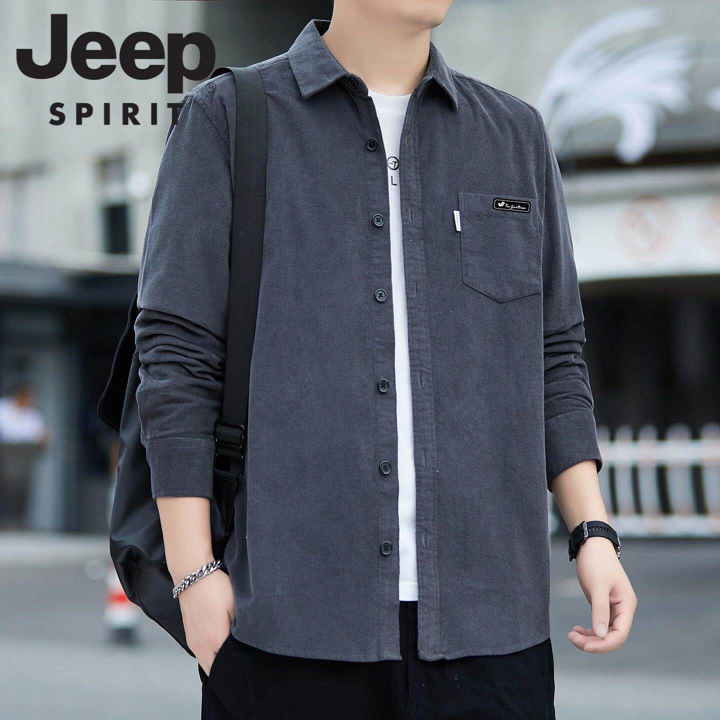 JEEP SPIRIT纯棉长袖衬衫男款春秋季翻领宽松休闲风工装衬衣外套