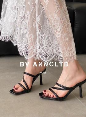 BV ANNCLTB法式气质交叉细带方头高跟鞋一字带仙女风宴会细跟凉拖