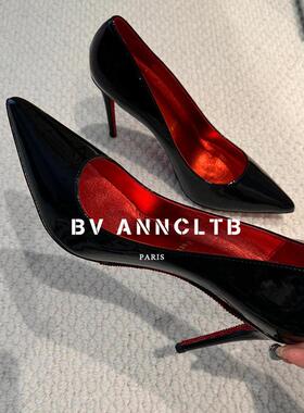 BV ANNCLTB尖头漆皮水钻红底浅口单鞋性感黑丝职业宴会细跟高跟鞋