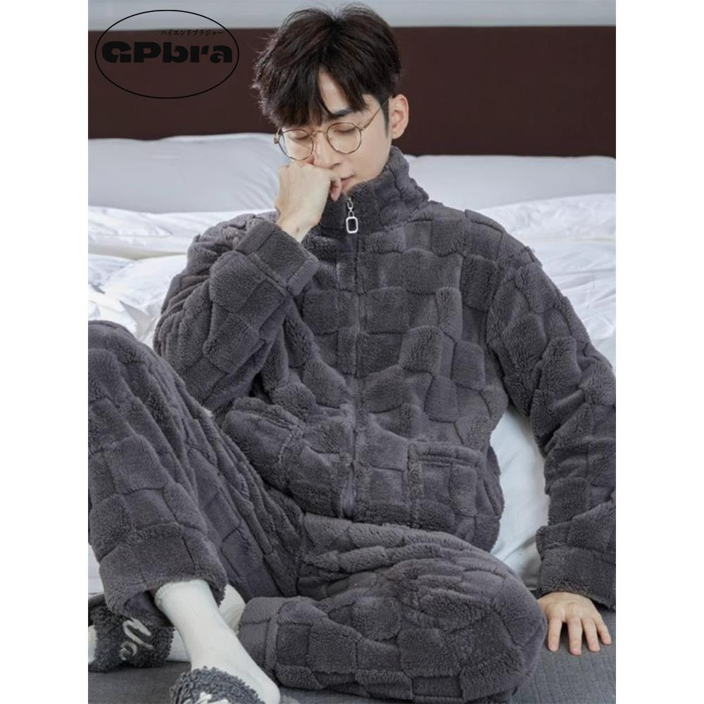 日系GP珊瑚绒睡衣男士2025新款冬季拉炼加厚加绒法兰绒家居服套装