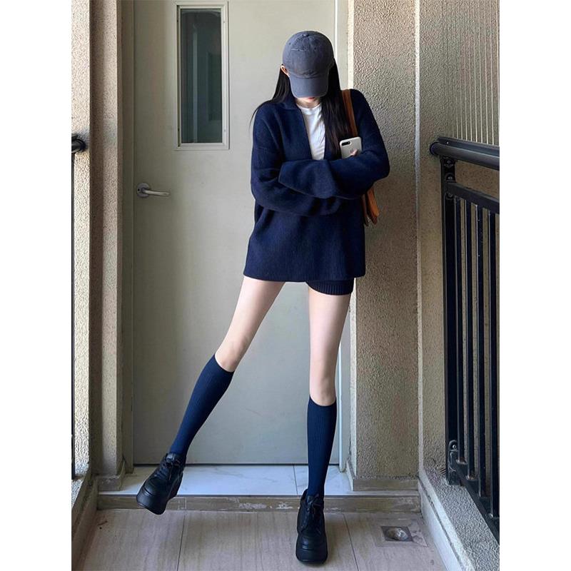 藏青色长袖卫衣短裤套装女春秋欧货高级感松弛感早秋穿搭两件套