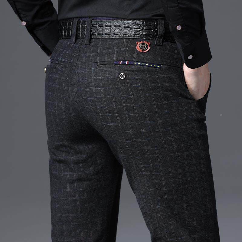 格子时尚休闲裤男士秋冬款弹力加绒修身直筒西装裤子商务百搭西裤