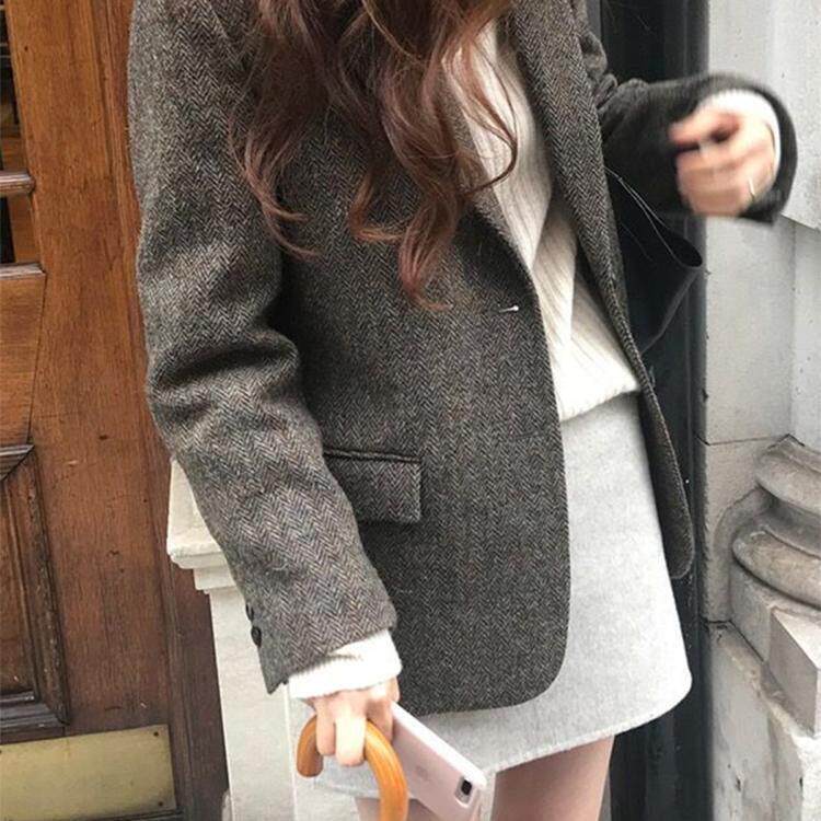DOEN MOCY英伦风人字纹毛呢西装外套女秋冬韩版宽松复古格子西服
