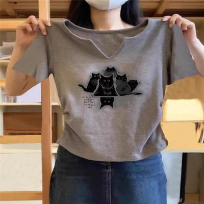 韩国夏季2025新款V领短袖t恤女纯棉修身显瘦掐腰设计感灰色上衣潮