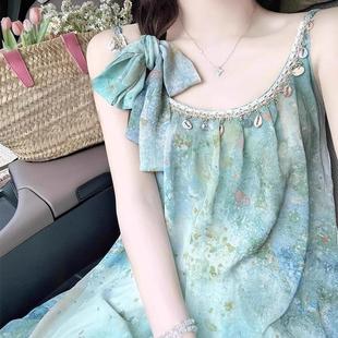 新款 欧洲站2025年夏季 气质碎花桔梗裙绝美度假旅游海边吊带连衣裙