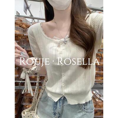 法国Rouje Rosella⭐气质温柔风蕾丝方领短袖t恤女冰丝针织上衣