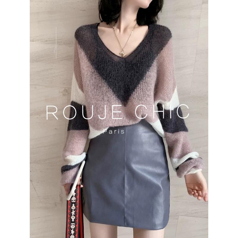 ROUJE CHIC法式高级感镂空马海毛针织衫女春慵懒气质宽松毛衣上衣