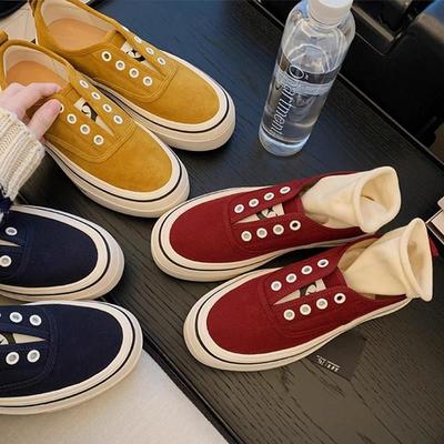 港风懒人一脚蹬圆头厚底百搭休闲板鞋女2025春秋新款透气帆布鞋子