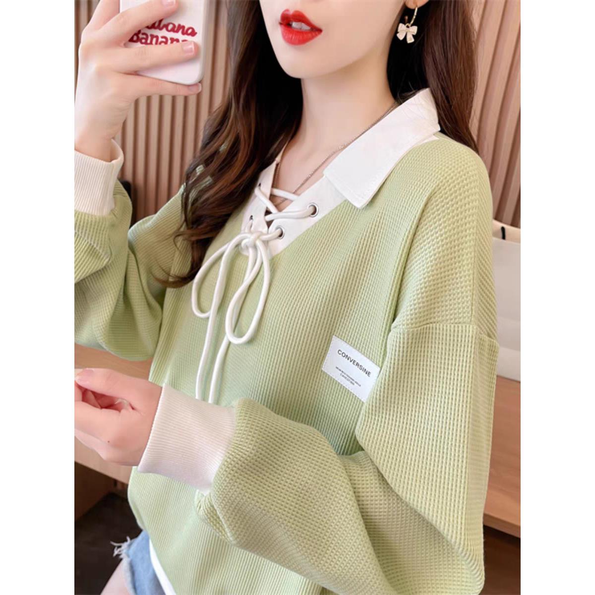 法国Rouje Rosella⭐华夫格卫衣女春秋高级感chic港风拼色上衣