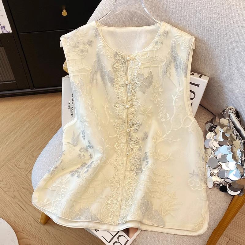 新中式重工刺绣桑蚕丝马甲背心女2025年夏季新款国风钉珠坎肩上衣