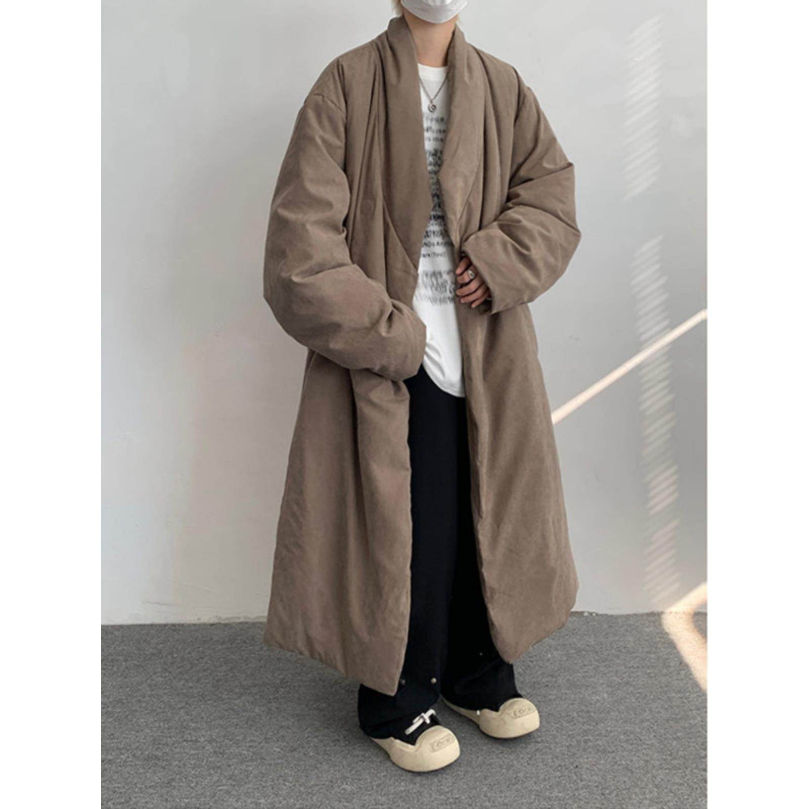 コーデロイの潮牌长款羽绒棉服男冬季绒面过膝长袍白鸭绒大码棉衣