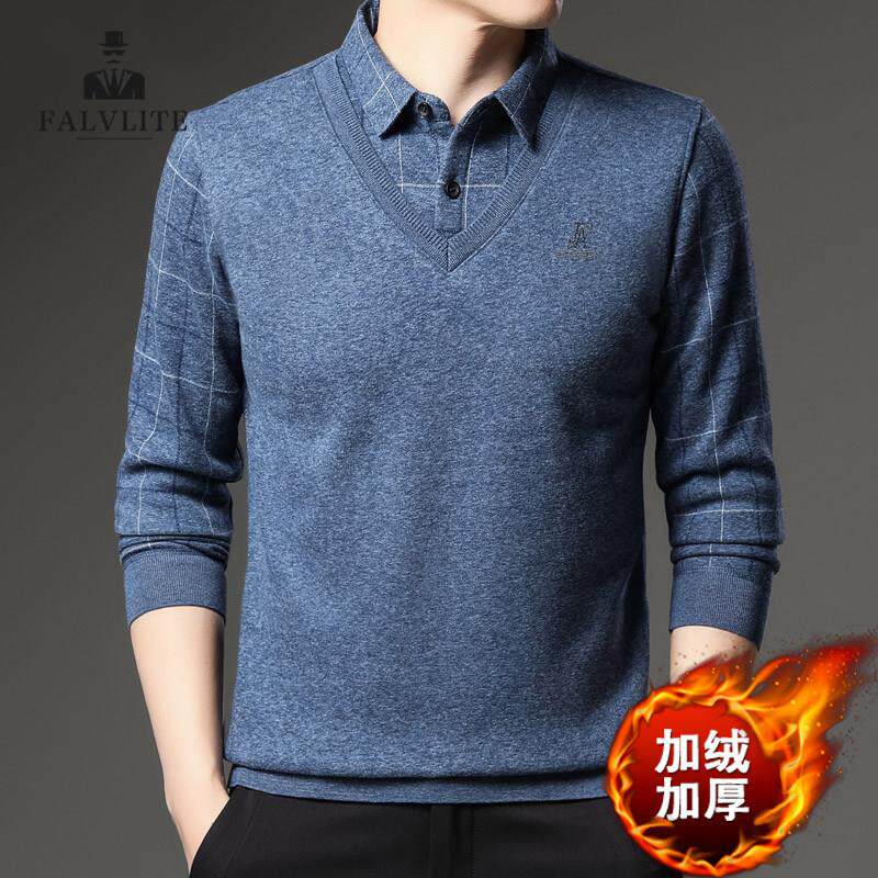 FALVLITE秋冬季休闲衬衫领宽松毛衣男加绒加厚假两件长袖保暖上衣