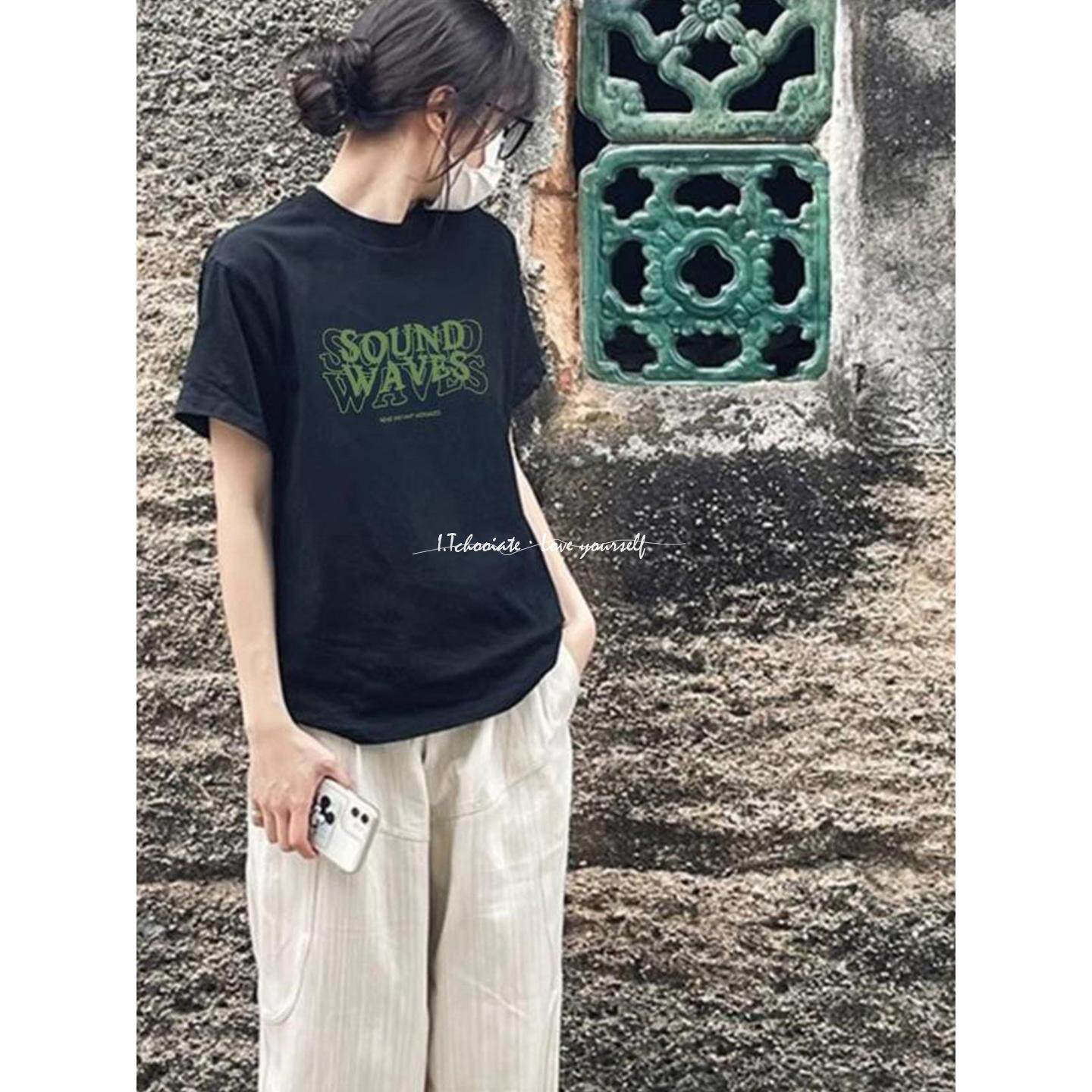 I.Tchooiate字母印花纯棉短袖t恤女2025夏款宽松小众慵懒风上衣潮