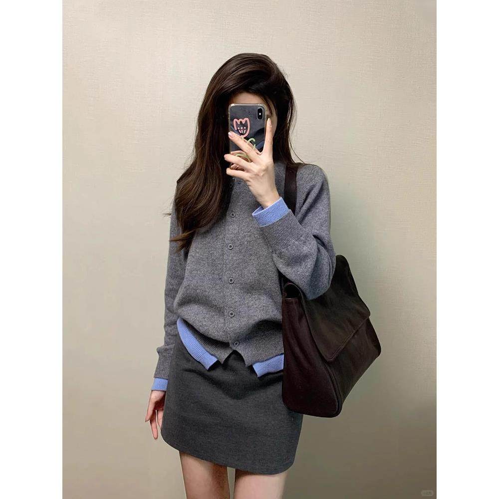 2024秋冬新款假两件针织开衫女短款休闲软糯毛衣外套灰色内搭上衣