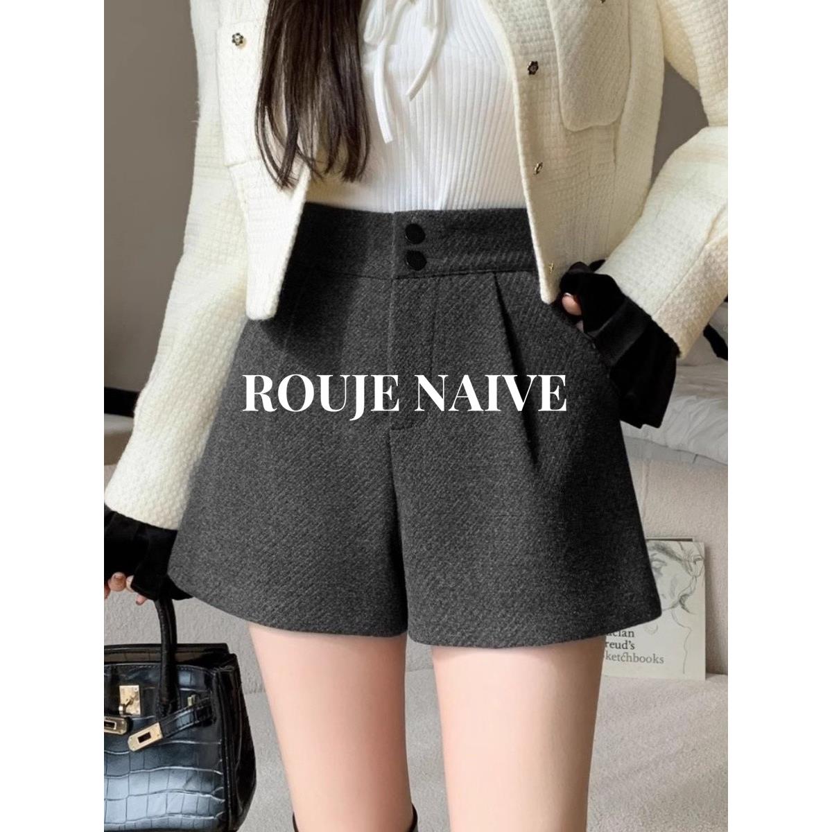 ROUJE NAIVE毛呢短裤女秋冬小个子气质高腰靴裤宽松显瘦a字阔腿裤
