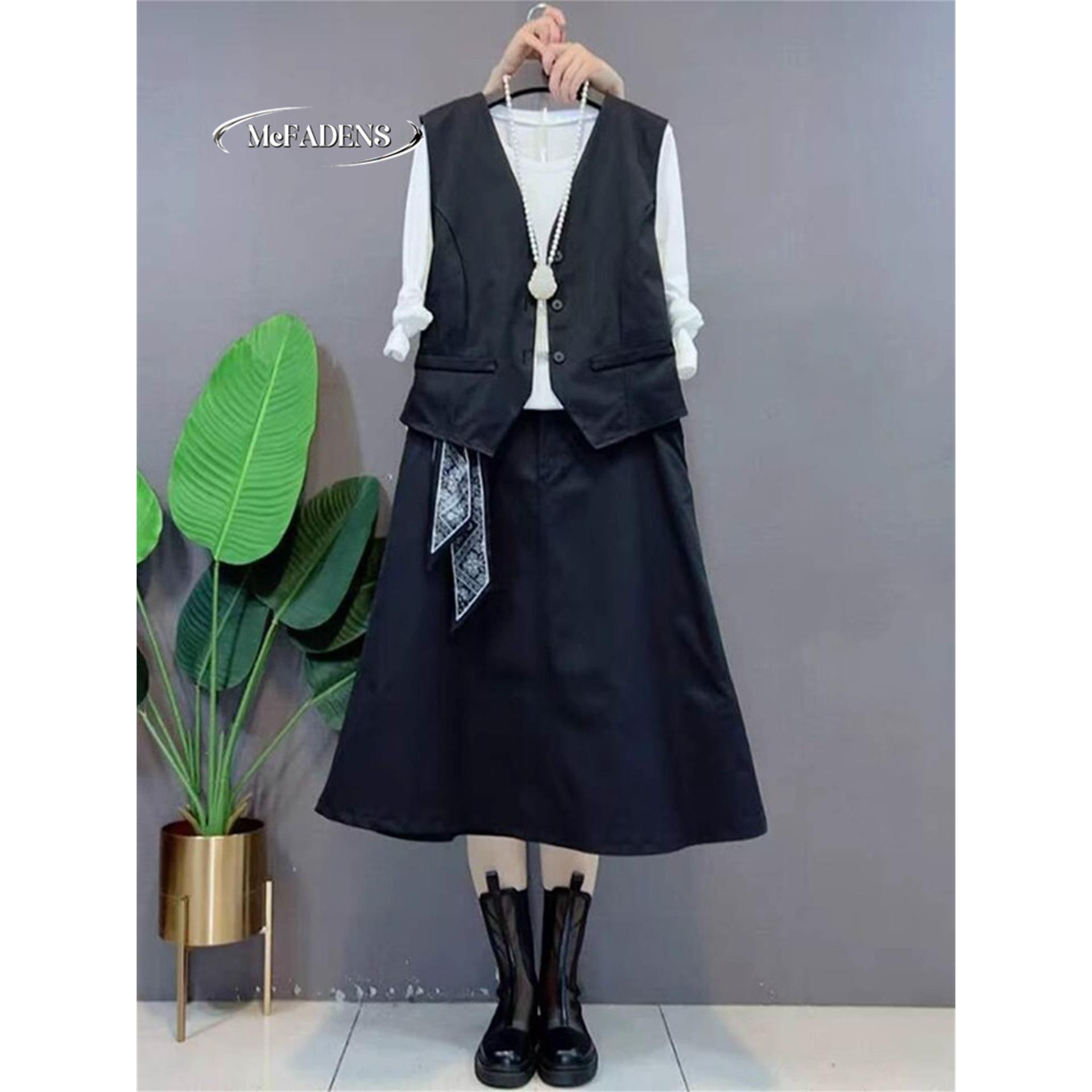 香港早秋新款胖mm大码女装宽松显瘦蝴蝶结马甲打底衫半身裙三件套