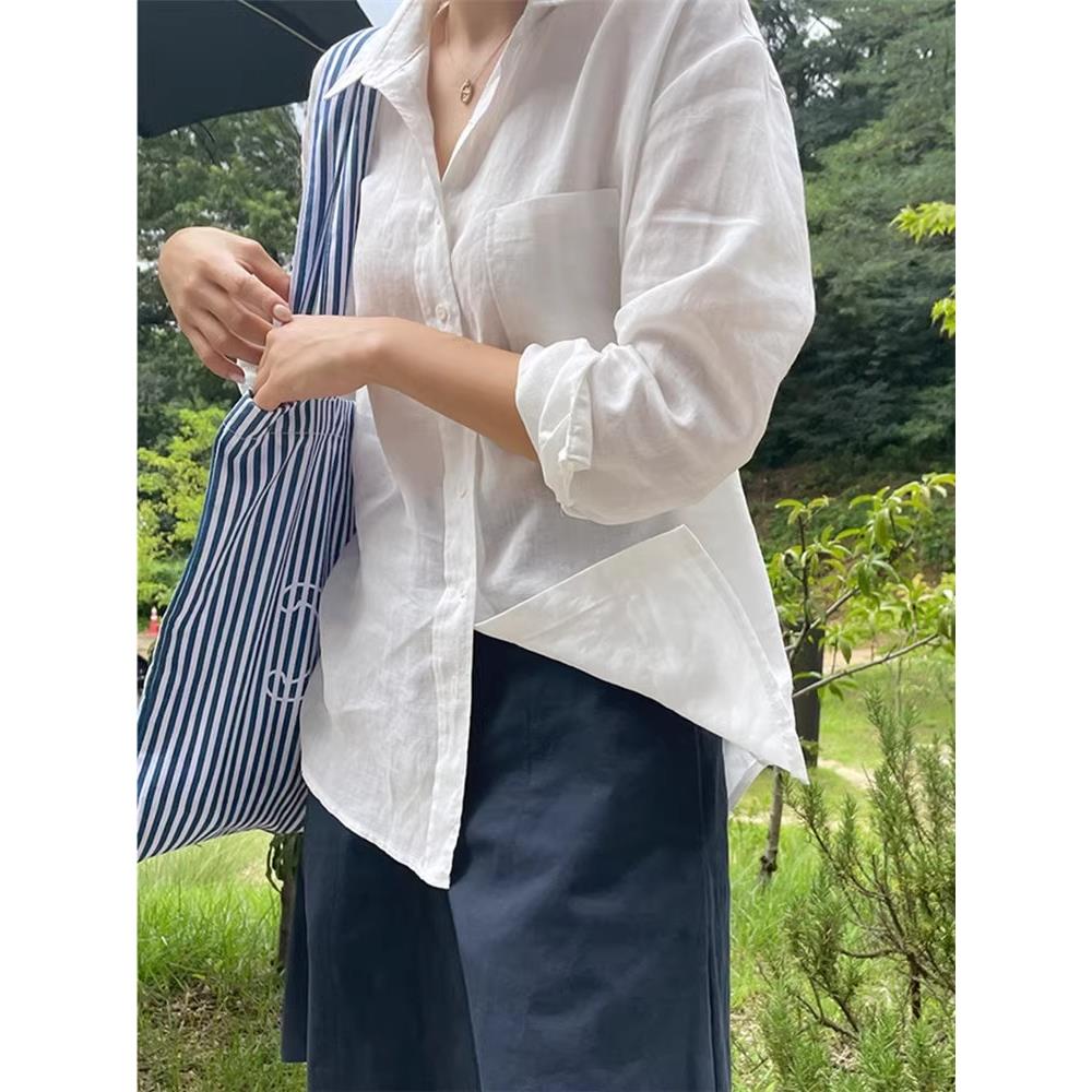 tach damas法式棉麻防晒白色衬衫女长袖薄款宽松衬衣天丝亚麻上衣