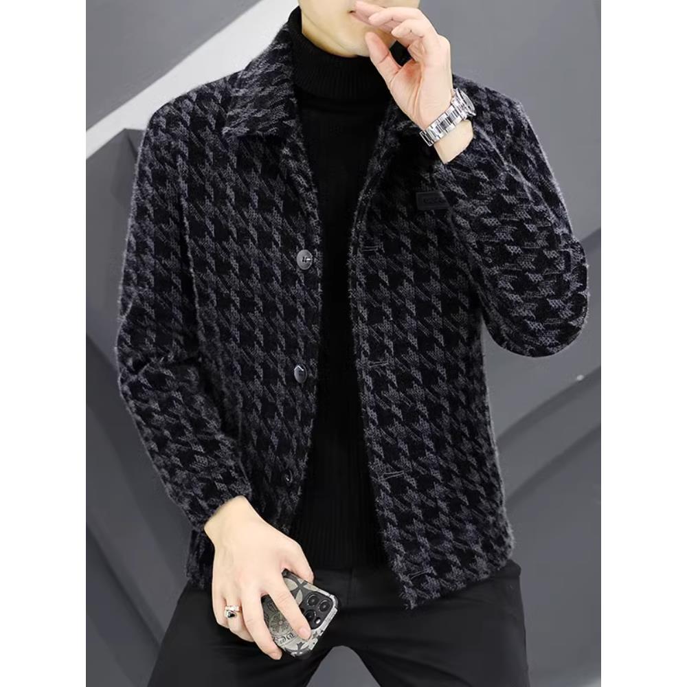 冬季金貂绒夹克外套男士潮流修身痞帅短款风衣加厚格子毛呢大衣