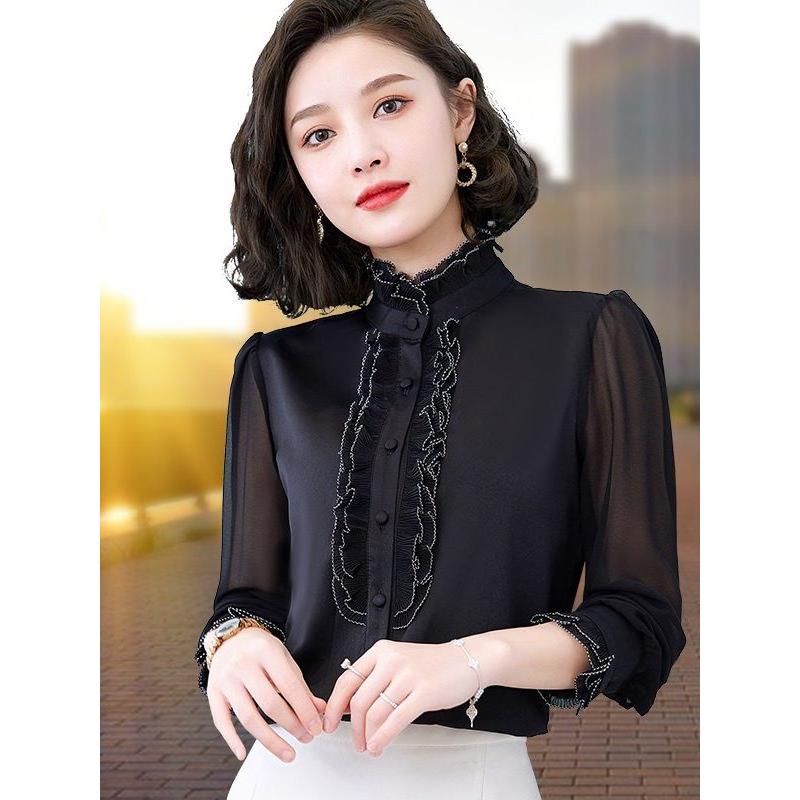 宫廷风黑色衬衫女2026春季新款洋气木耳花边立领衬衣网纱长袖上衣