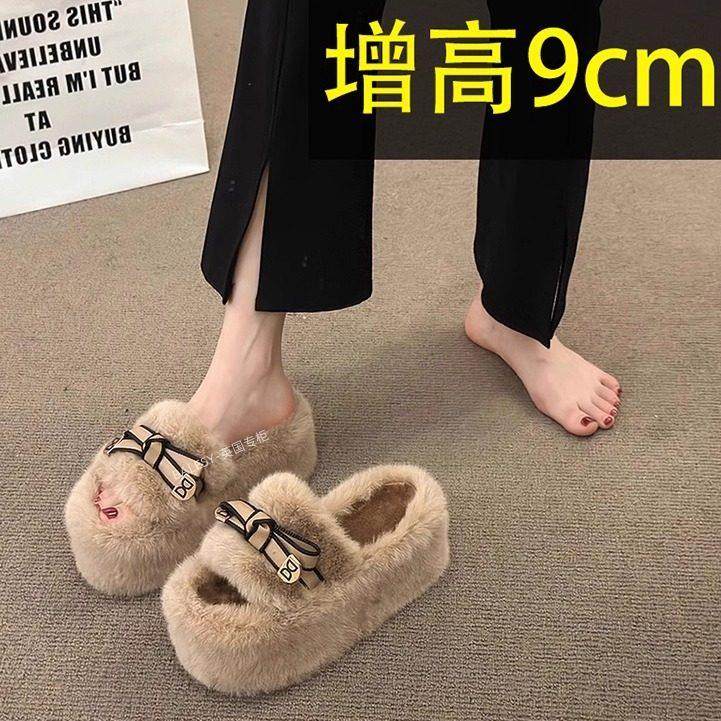 英国厚底毛毛棉拖鞋女外穿2025新款爆款秋冬高级感蝴蝶结居家棉拖