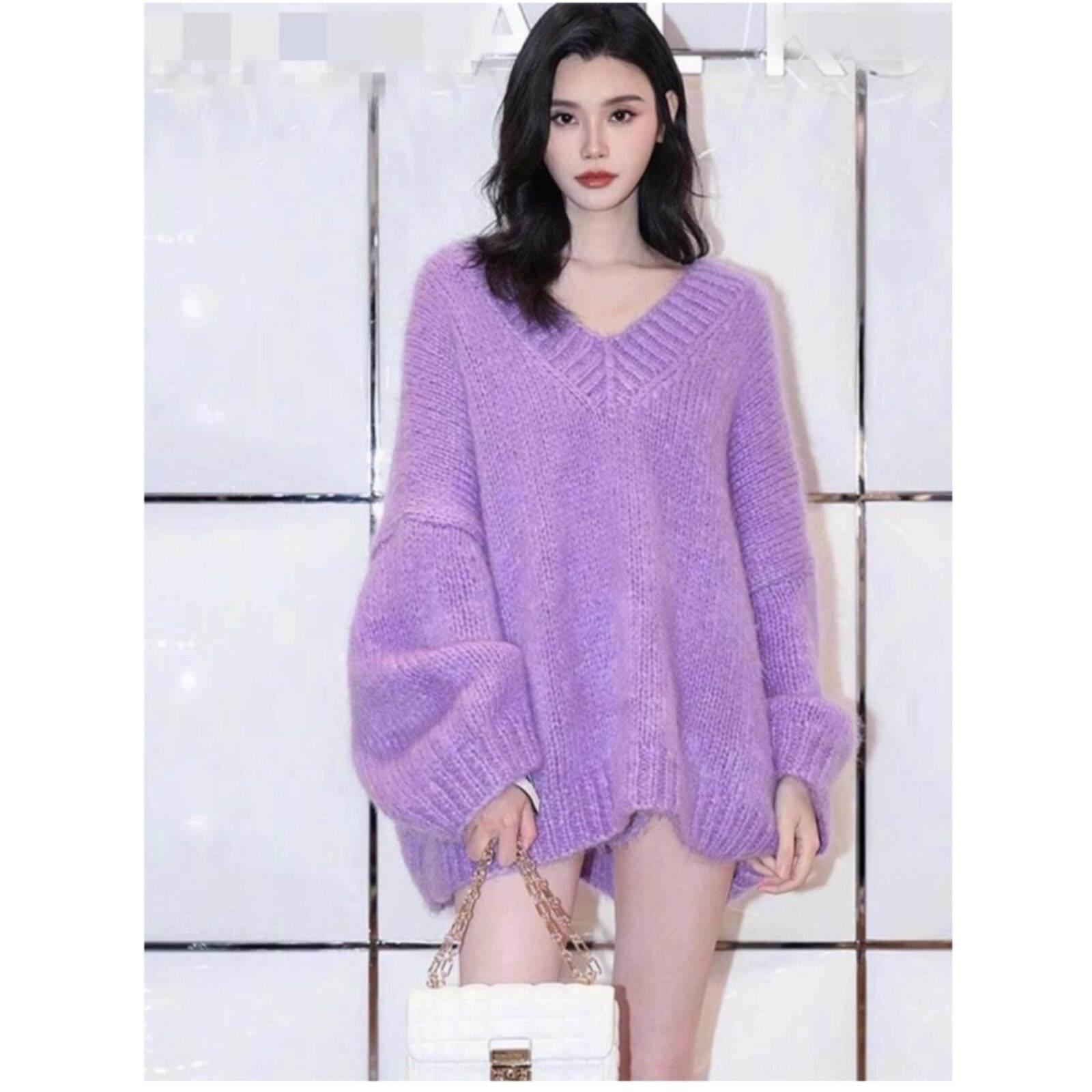 【跟着超模学穿搭】奚梦瑶同款香芋紫色V领针织衫慵懒风毛衣上衣