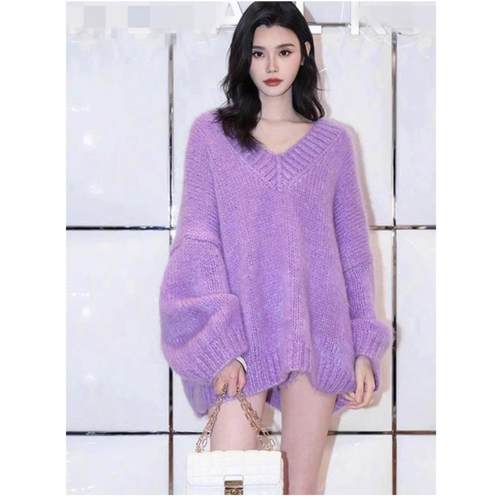【跟着超模学穿搭】奚梦瑶同款香芋紫色V领针织衫慵懒风毛衣上衣