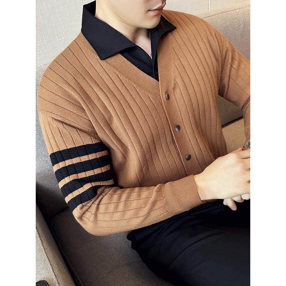 LL男装毛衣男春秋高级感2025新款针织开衫衬衫领假两件修身打底衫