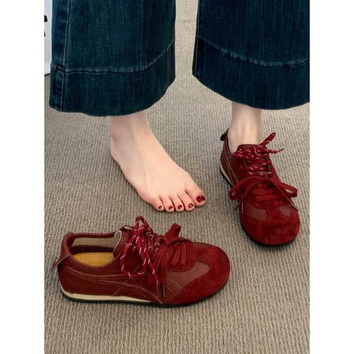 英国真皮红色德训鞋女款2025新款爆款覆古休闲运动板鞋平底阿甘鞋