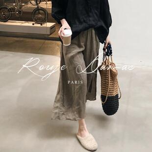 含里衬复古宽松显瘦棉麻亚麻苎麻阔腿九分裤 Rouje Damas日系大码