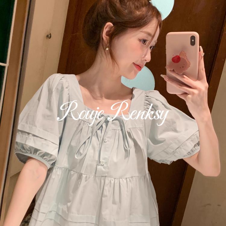法国rouje renksy法式减龄甜美方领泡泡袖短款娃娃衫短袖衬衫女夏