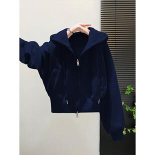 香港藏蓝色开衫卫衣女款秋季2025新款高级感连帽外套气质轻熟上衣