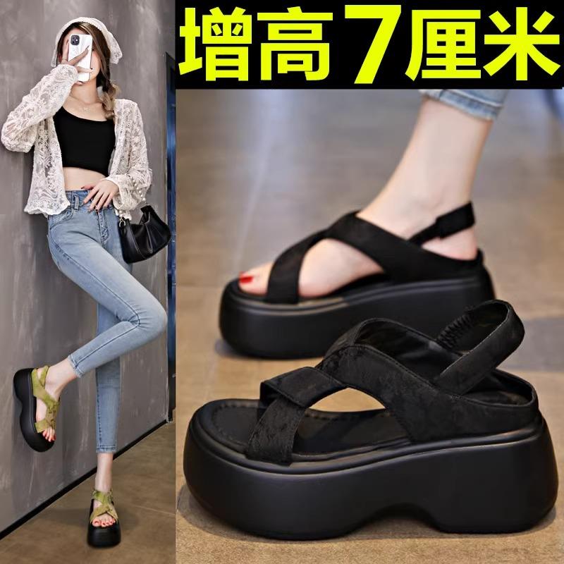 香港真皮松糕厚底凉拖鞋女夏季外穿2025新款配裙套趾水钻高跟凉鞋