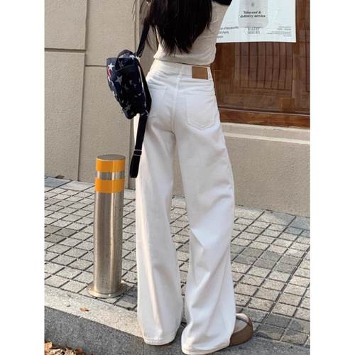 法国鲁耶天真优雅的白色阔腿牛仔裤女士高腰宽松直腿垂地长裤