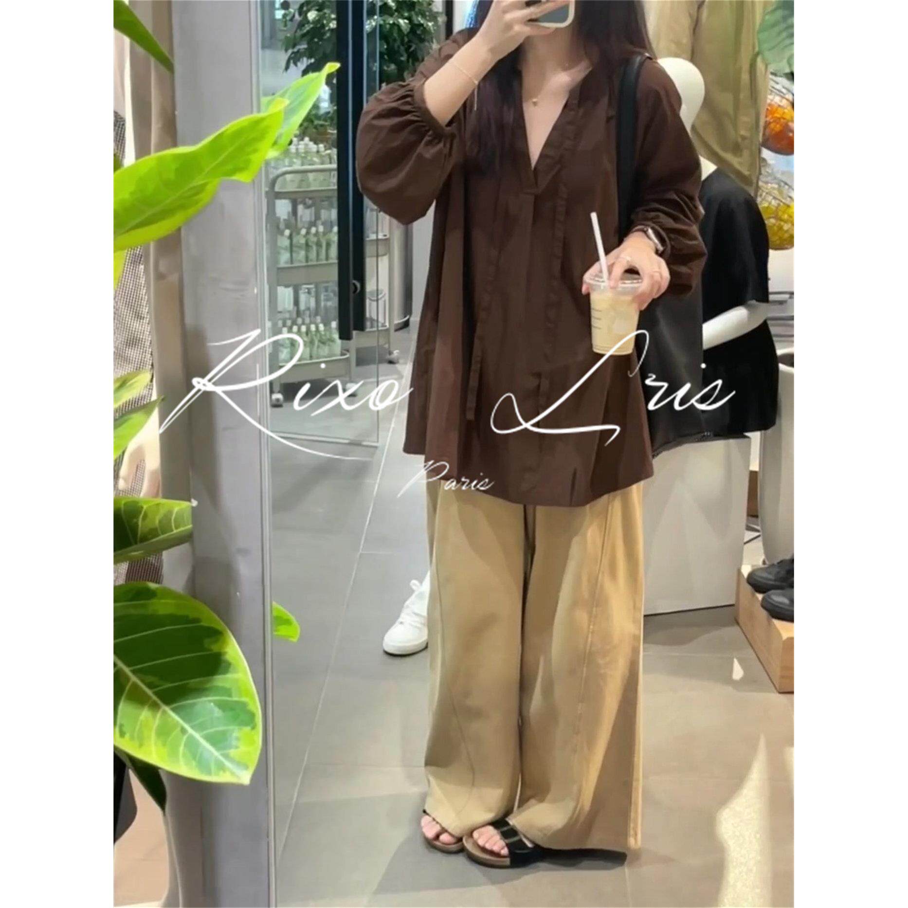 RIXO LRIS法式卡其色长袖衬衣女春秋新款休闲宽棉质绑带衬衫上衣