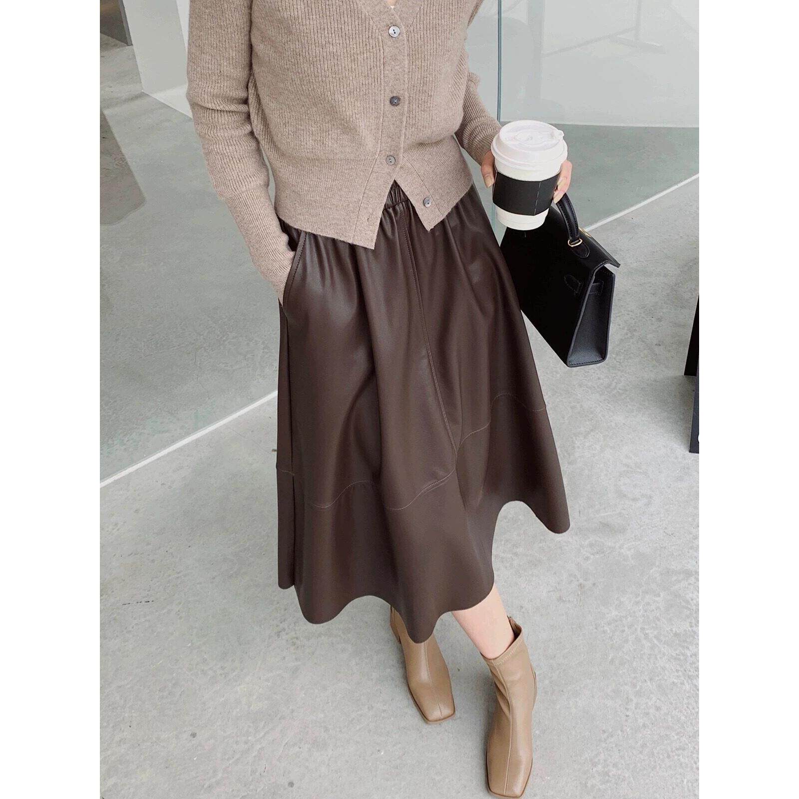 海宁真皮皮裙半身裙女中长款冬季新款绵羊皮高腰显瘦A字伞裙NF07