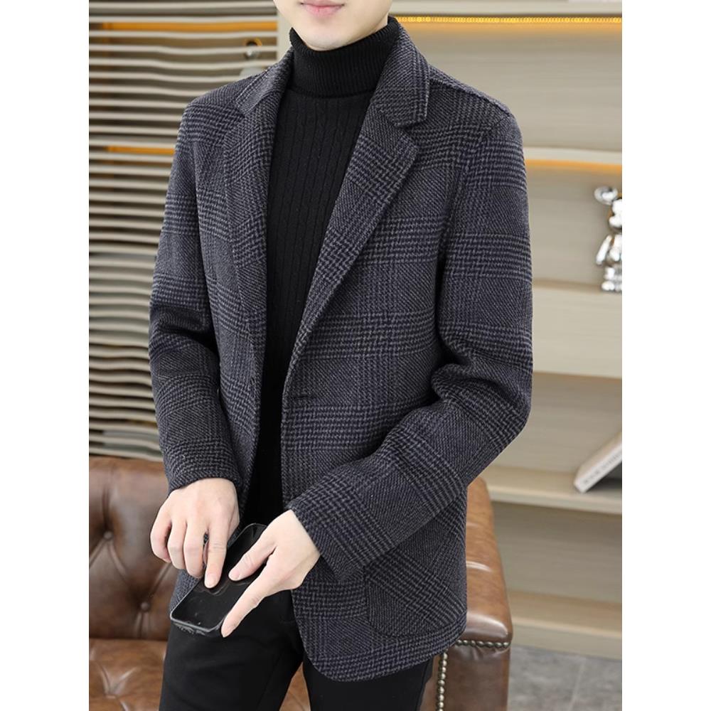 羊毛大衣男双面呢短款呢子外套秋冬季千鸟格韩版潮流修身时尚男装