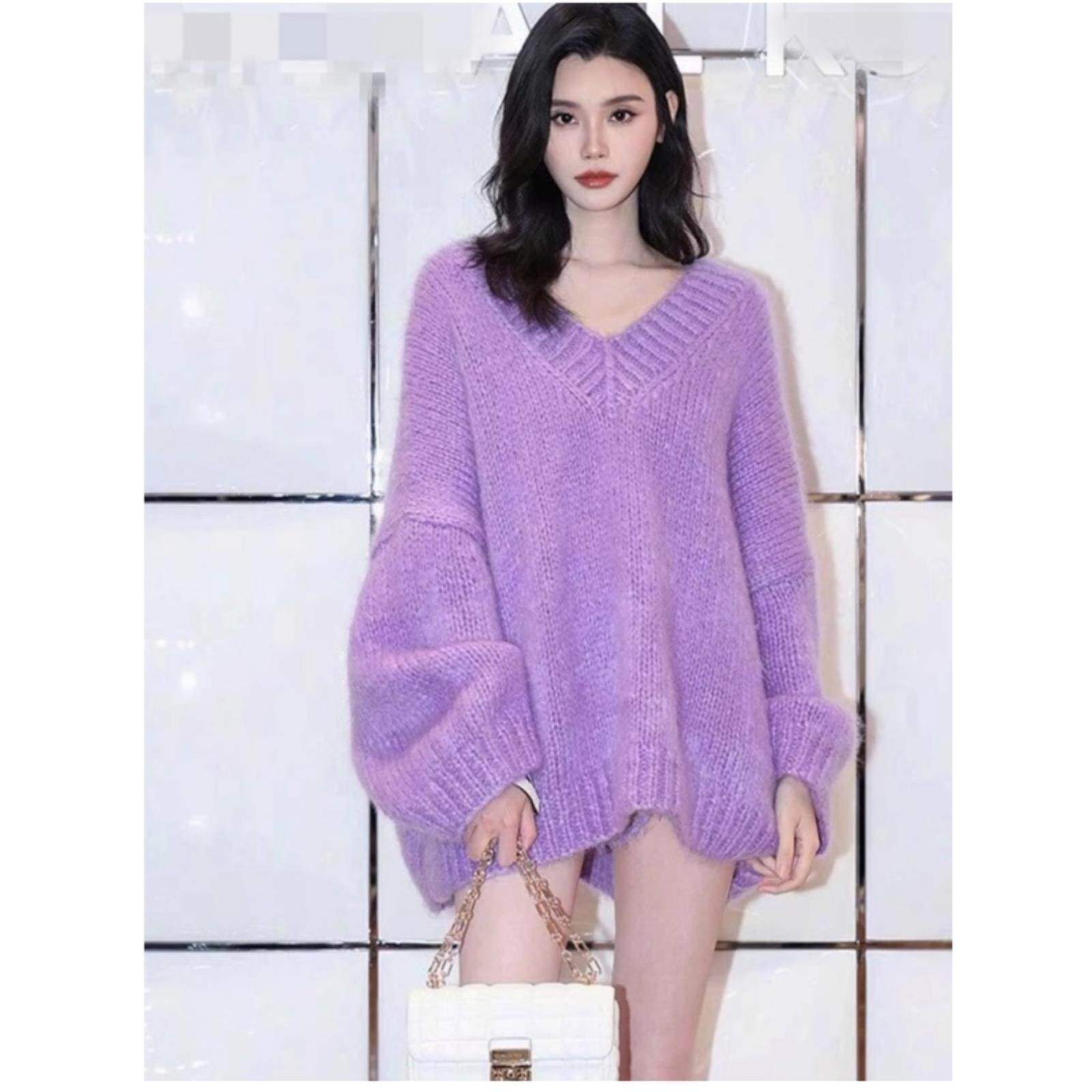 【跟着超模学穿搭】奚梦瑶同款香芋紫色V领针织衫慵懒风毛衣上衣