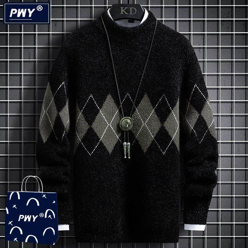 潮牌男士半高领毛衣冬季新款加绒加厚保暖中领假两件打底针织衫潮,男装,羊绒套衫,淘宝优惠券,粉丝福利购,淘宝优惠卷